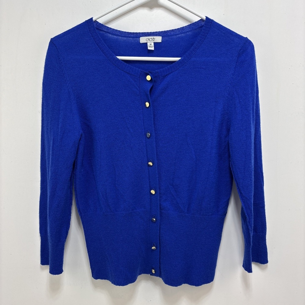 VTG Cache Y2K Blue Wool Cashmere Lightweight Cardigan Sweater Size M‎ Preppy